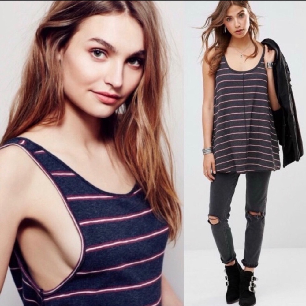 We The Free Tank Top Womens XS Gray Pink Striped Excellent Trapeze Flowy Scoop